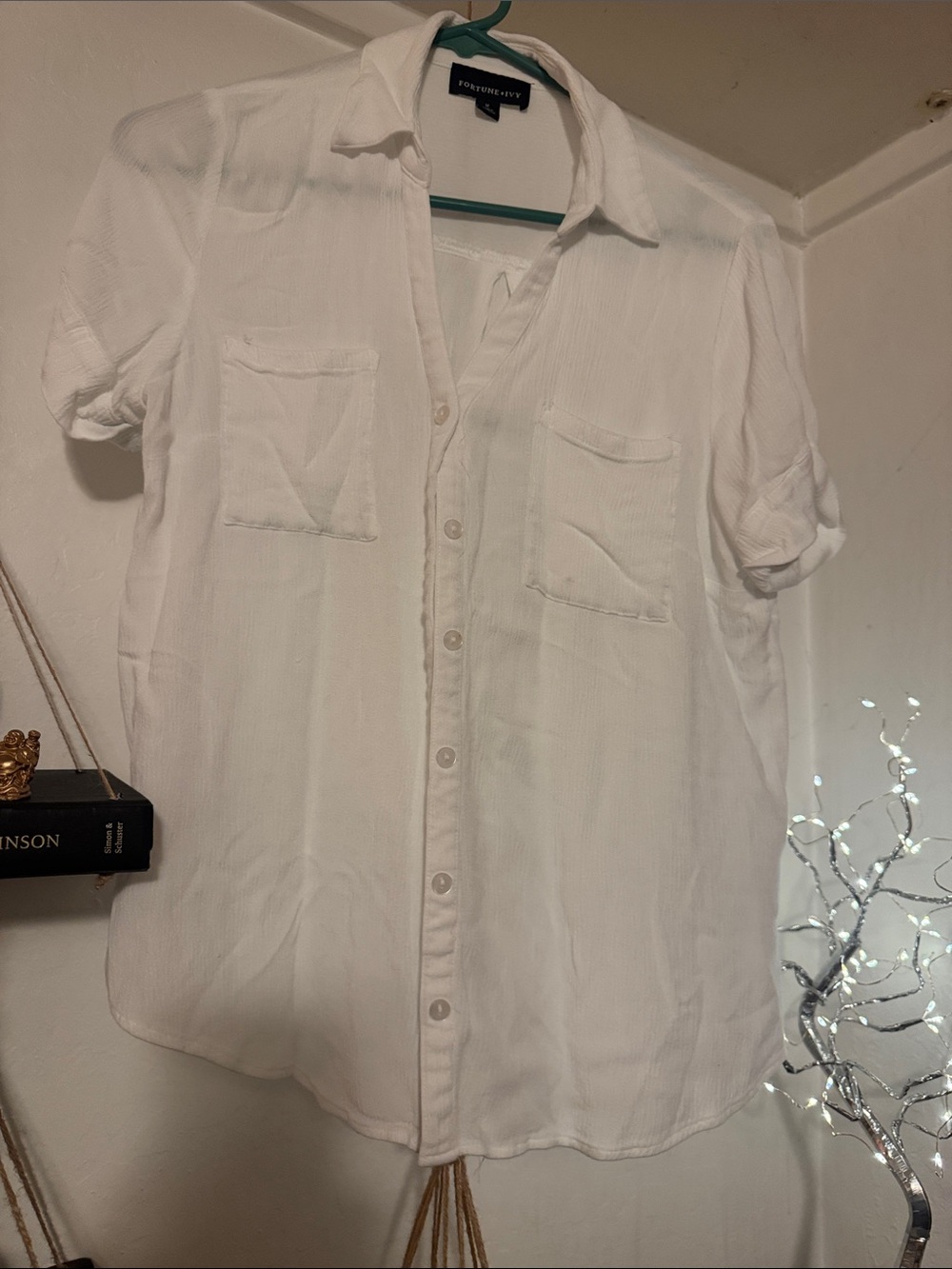 Eileen Fisher White Short-Sleeve Button-Down Shirt with Chest Pockets